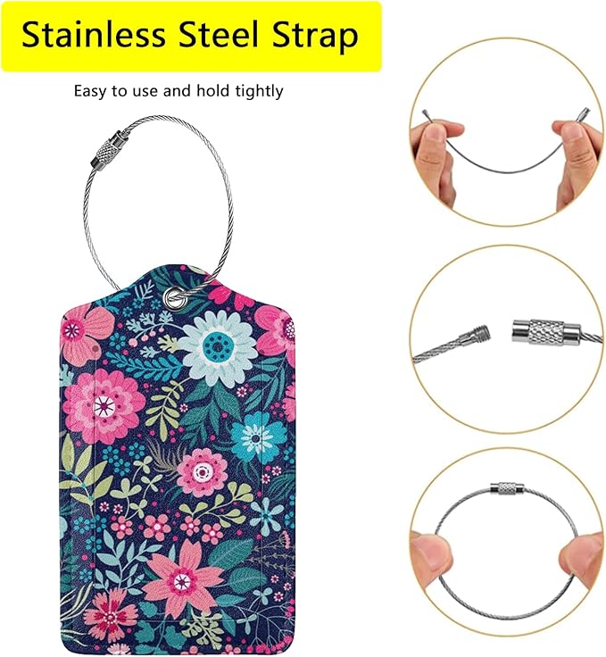 Luggage Tags for suitcases, 2 Pack Tropical Flower Luggage Tag, Leather Stainless Steel Loop Label Tag for Women Girl Travel Bag Suitcase