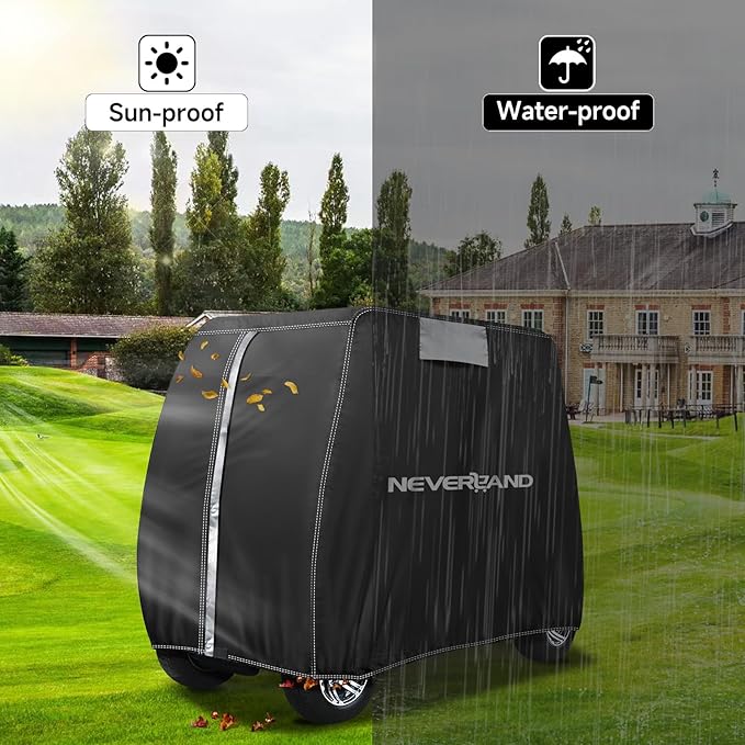 NEVERLAND Golf Cart Cover - Waterproof Golf Cart Covers - Fits for Yamaha Golf Carts EZ GO Club Car - Outdoor Windproof Sunproof (Black, Fit for 2+2/4 Passenger Cart)