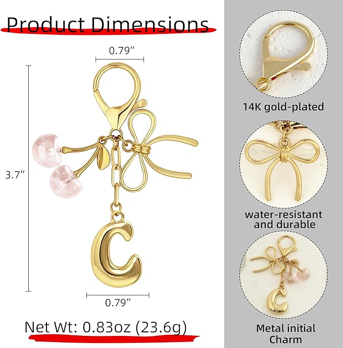 Gold Bubble Heart, Cherry, Bow & More Designs Letter Initial Keychain Bag Charms – Cute Purse Charms for Handbags