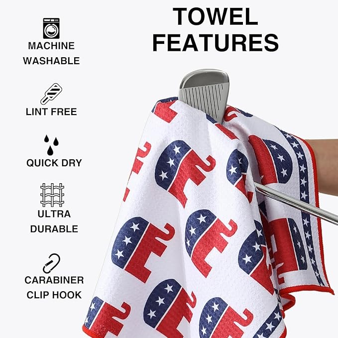 Microfiber Golf Towels for Golf Bags & Carts - Premium Weave Waffle & Ball Towels with Carabiner Clip, Essential Accessories for Men, Women and Kids, Golfer Gifts, Set of 2 (Elephant)
