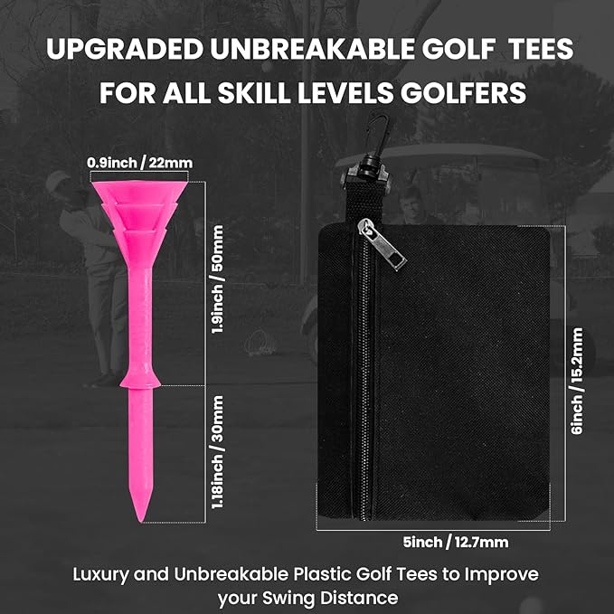 Golf Tees Plastic 3 1/4 inch Unbreakable 30 Pack with Pouch Bag, Durable Stable Available 83 mm Long Tee for Golfer Practice