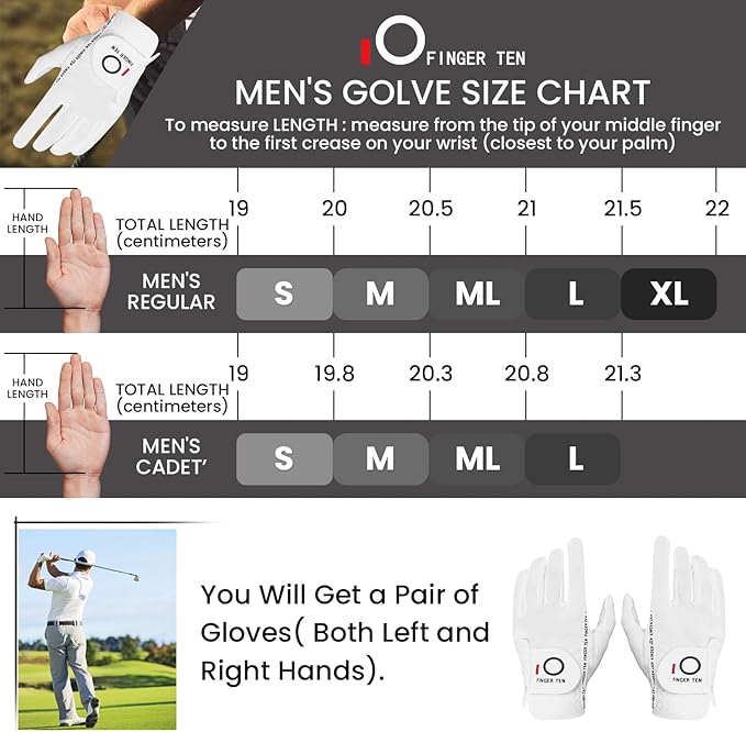 FINGER TEN Premium Rain Grip Men's Golf Gloves 1 Pair, Hot Wet Weather No Sweat Glove for Serious Feel & Performance, Left Right Hand Black Gray White Blue Fit Size S M L XL 2XL 3XL