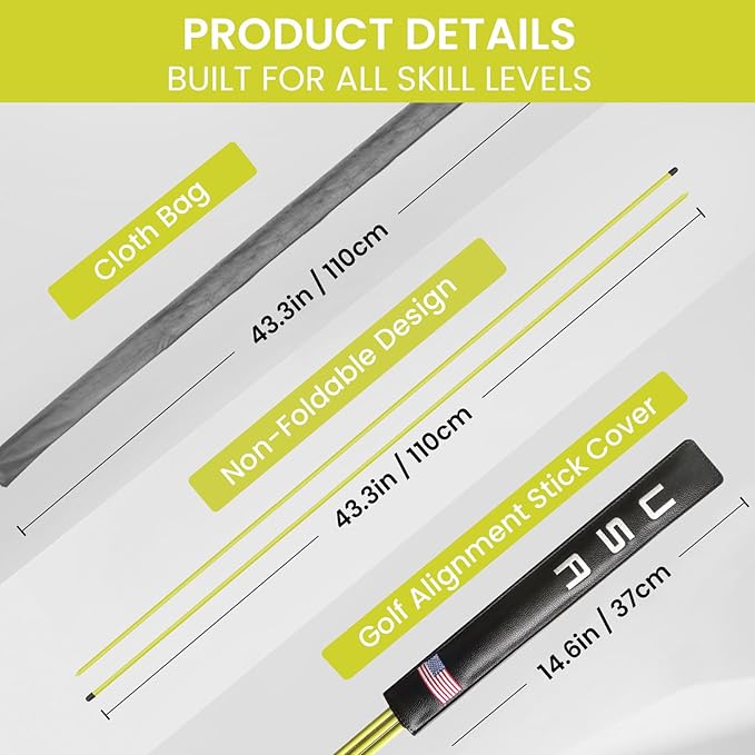 Golf Alignment Sticks 43 Inches Value 5-Pack with Premium Cover, Training Rods Essential Aiming Stick for Perfect Swing & Accurate Aiming & Effective Practice Guide