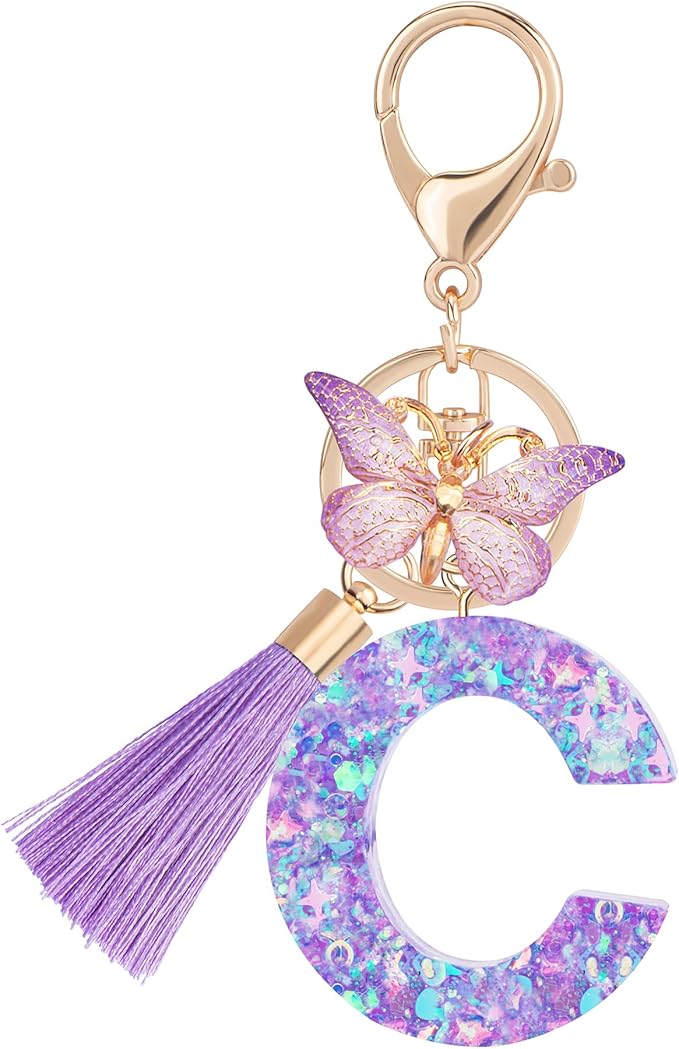 Suweibuke Colourful Cute Initial Letter Keychains for Women Girls with Tassel Butterfly, Charm for Purse Handbags Backpacks