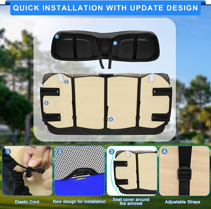 iLSKW Golf Cart Seat Covers for Club Car DS (20000 to Up) Seat Cover OEM Front,Breathable Fabric and Leather Front Seat Cover Like Gloves,Full Wrap-Around Design