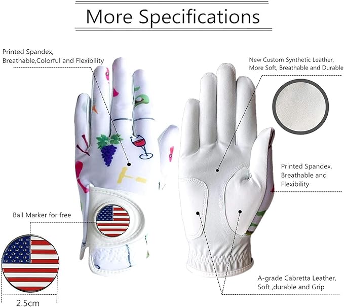 Amy Sport Womens Golf Glove with Ball Marker Rain Left Right Hand Leather Printed Pack, Ladies Golf Gloves All Weather Grip Breathable Soft Size Small Medium Large XL