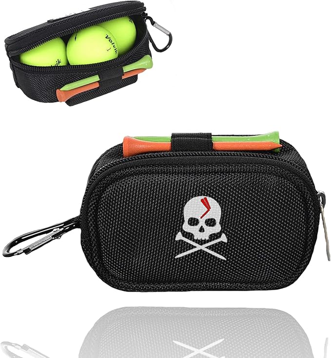 Skull Golf Ball Pouch Golf Tee Organizer Bag Golf Accessory Holder Waist Belt Polyester Key Storage Marker Component Pocket Zipper Hook Durable Sports Small Black Gift for Dad Men Women