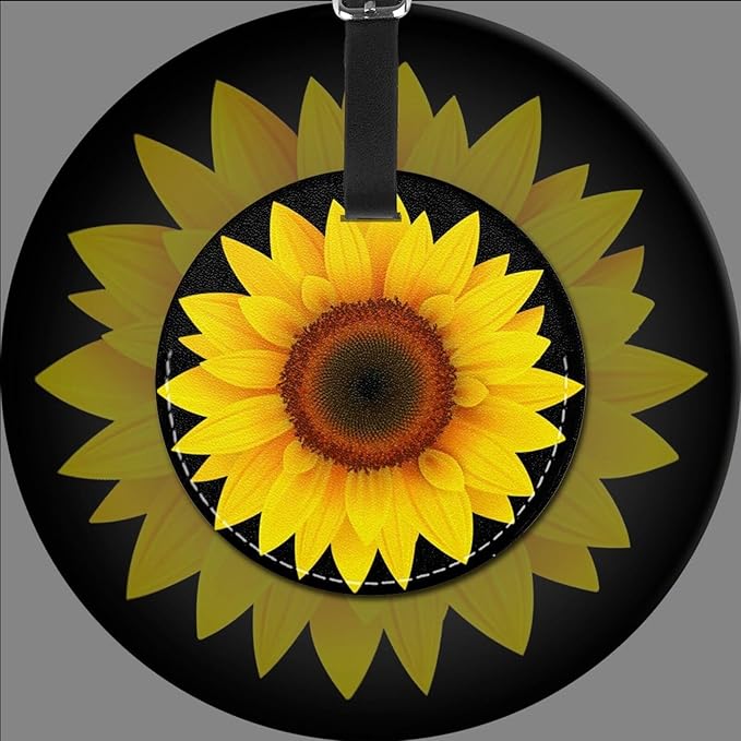 Sunflower Flower Black Luggage Tags for Suitcases, Pu Leather Baggage Tags Identifiers for Travel, Name Id Label Tags for Baggage Bag Women Men