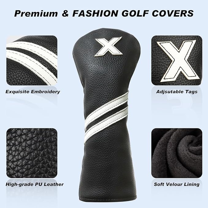 Golf Club Covers,4pcs or 1pc Golf Headcovers for Woods and Driver Fairway Hybrids Women Men - Premium PU Leather with Interchangeable Tags & Magnetic Blade and Mallet Putter Covers
