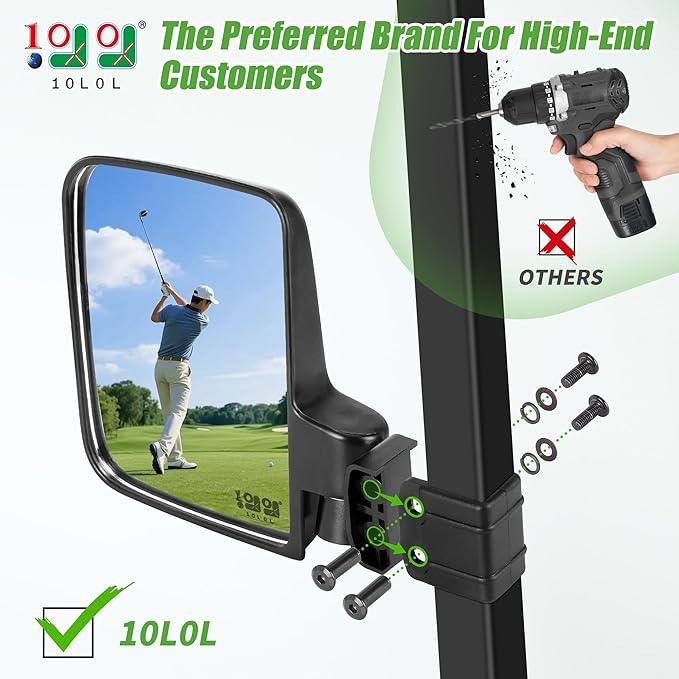 10L0L Golf Cart Mirror No Drilling Side Mirrors with Blind Spot Mirrors Universal for Yamaha, Club Car, EZGO, Folding Side Rear View Mirrors Adjustable 180 Degree HD Glass
