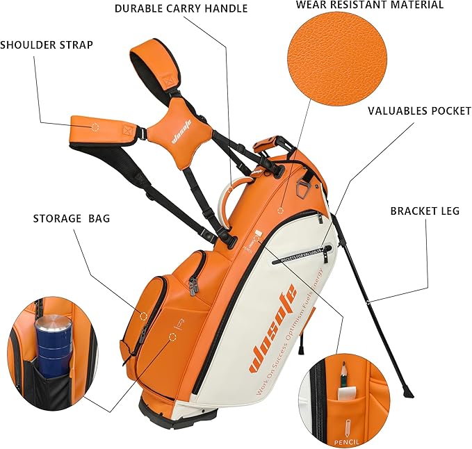 Lightweight 14-Way Golf Stand Bag, PU Leather Golf Bag Waterproof Men Women Full Length Top Dividers, Multiple 8 Pockets Cooler Pouch Adjustable Detachable Shoulder Dual Straps Rain Cover Hood