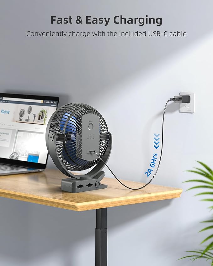 Koonie 10000mAh Rechargeable Portable 8-Inch Clip-on Fan, USB Car Fan 4 Speeds, Sturdy Clamp for Office Desk, Golf Cart, Stroller, Outdoor, Travel, Camping, Tent, Gym, Treadmill