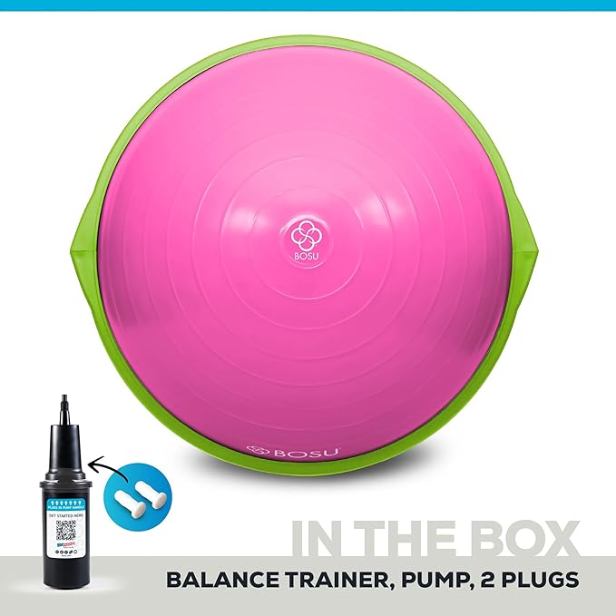 Bosu Balance Ball Exercise Trainer, Home Gym Equipment w/ Guided Workouts & Pump, 26", Blue - Inflatable Fitness Platform for Strength Training, Standing, Balancing, and Core Workout