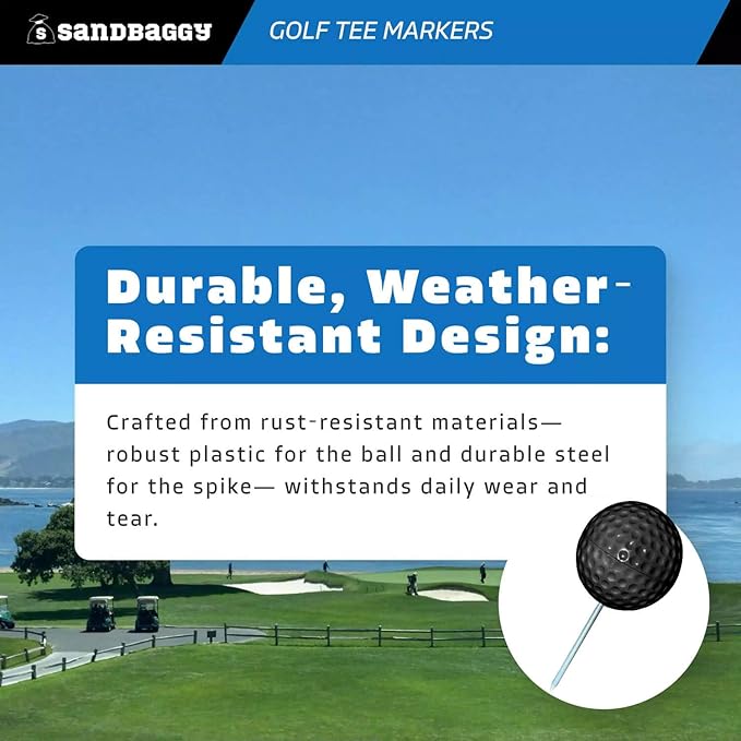 Sandbaggy Plastic Tee Markers for Golf Course (UV Resistant) - Steel Spike - Safety Caps Included