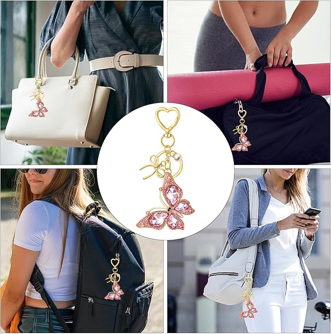 Bag Charm Keychain for Women: Cute Bow Keychains with Diamond Butterfly Pendant, Bags Purse Key ring Accessory