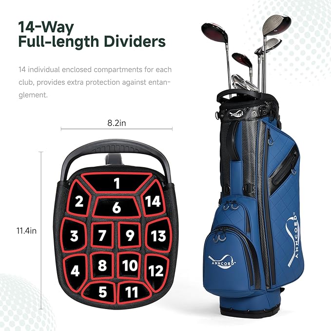 Golf Stand Bag with 14 Way Full Length Dividers, PU Leather Golf Bag for Men, Waterproof Golf Bags with Stand, 6 Pockets & Cooler Pouch, Adjustable Dual Straps, 2 Rain Cover Hood