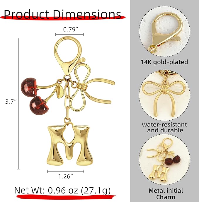 Gold Bubble Heart, Cherry, Bow & More Designs Letter Initial Keychain Bag Charms – Cute Purse Charms for Handbags