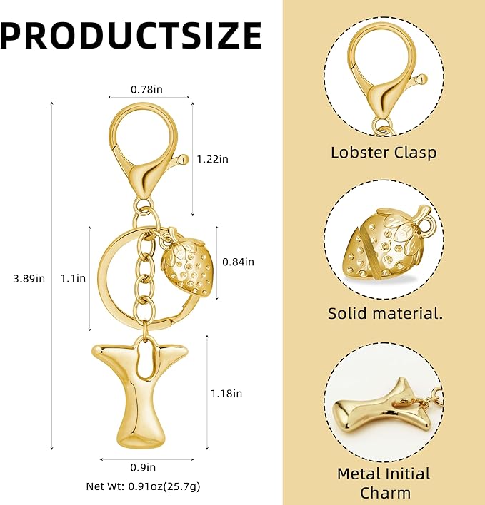 Gold Bubble Heart, Cherry, Bow & More Designs Letter Initial Keychain Bag Charms – Cute Purse Charms for Handbags