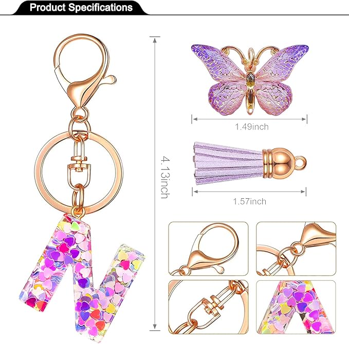 JINGUAZI Initial letter Keychains for Women Tassel Butterfly Pink Purple Cute Car Keychain for Wallet Backpack bag charm