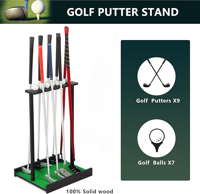 Golf Putter Stand for 9 Clubs & 7 Balls, Solid Wood Golf Club Rack, Golf Club Organizer Floor Stand, Golf Club Holder | Rustic Modern Design for Home, Office, Golf Course Accessories