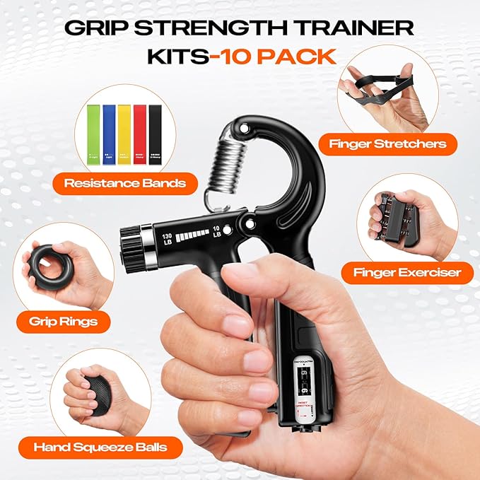 Hand Grip Strengthener Workout Kit (10 Pack),1 Forearm Grip Adjustable Resistance Hand Gripper, Finger Stretcher, Finger Presser, Grip Ring, Stress Relief Grip Ball & 5 Resistance Bands for Muscle Building and Injury Recover