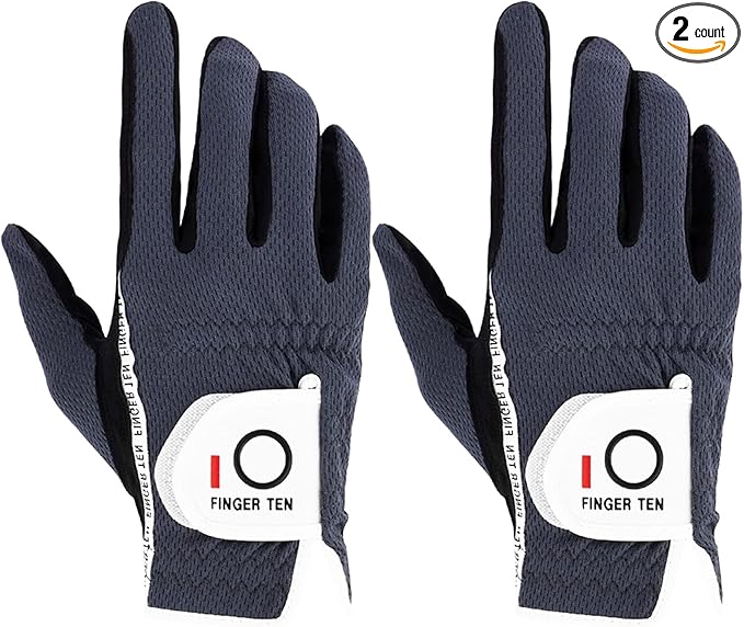 FINGER TEN Men's Golf Gloves for Right Left Handed Golfer Rain Grip Value 2 Pack, Golf Glove for Left or Right Hand Hot Wet Weather No Sweat Black Gray White Blue