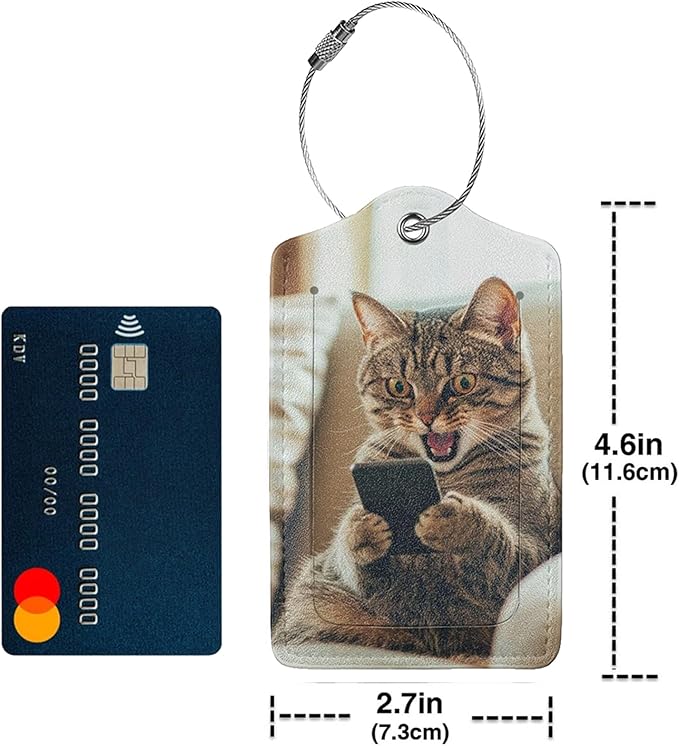 TSA Approved Luggage Tags for Suitcases Cat Phone 2 Pack Funny Leather Carnival Cruise Airport Cute Travel Name Tags Golf Bag tag Ships Essentials Privacy Cover ID Label for Women Men
