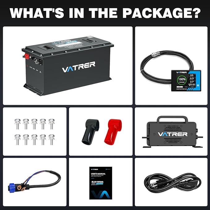 48V 105Ah Narrow Lithium Golf Cart Battery, Built-in Smart 200A BMS, with Touch Monitor & APP, 4000+ Cycles LiFePO4 Battery, Max 10.24kW Power Output, 2C Discharge, Perfect for Golf Carts