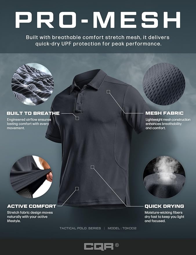 CQR Men's Polo Shirts, Tactical Short Sleeve Golf Performance Shirts, Lightweight Dry Fit UPF 50+ Pique