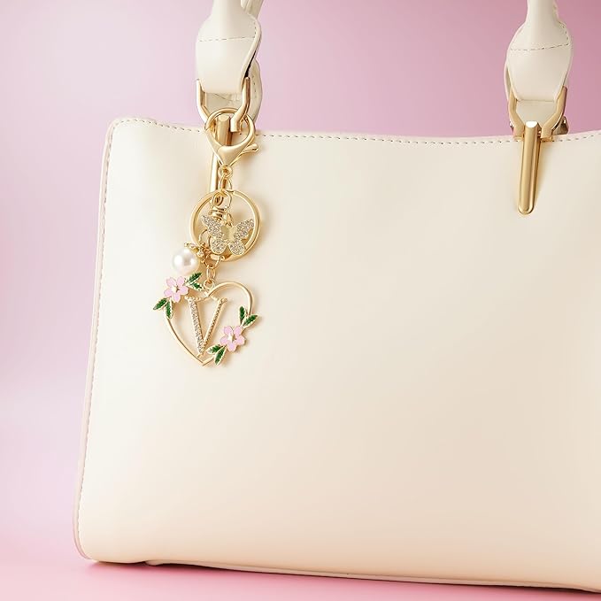 Gold Heart Initial Letter Keychain for Women Key chain Keyring for Purse Handbags Backpack Charm