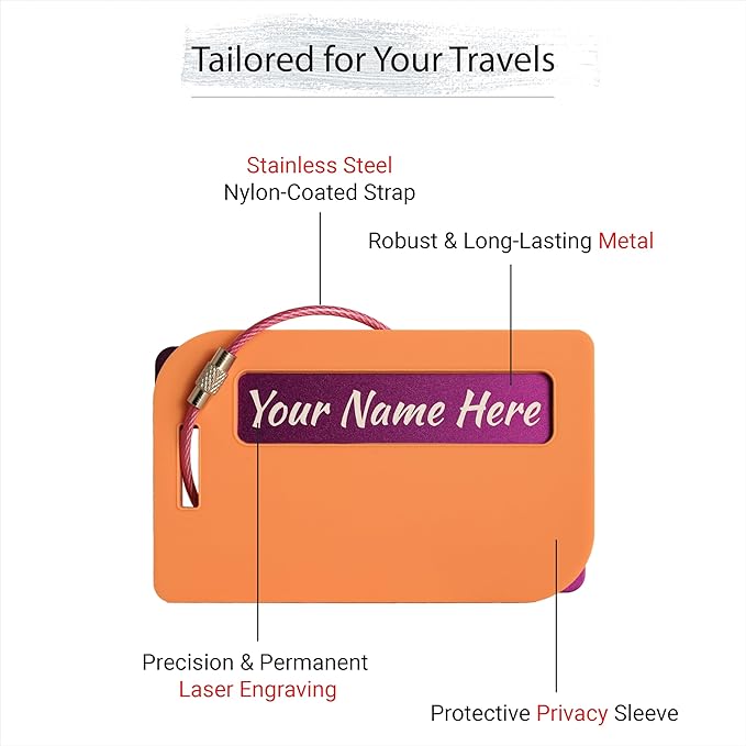 Full Privacy Customized Metal Luggage Tags - Laser Engraved Aluminum Luggage Tags with Silicone Sleeves Pack of 4 (Privacy-Enhanced Bundle, 2x3.5)