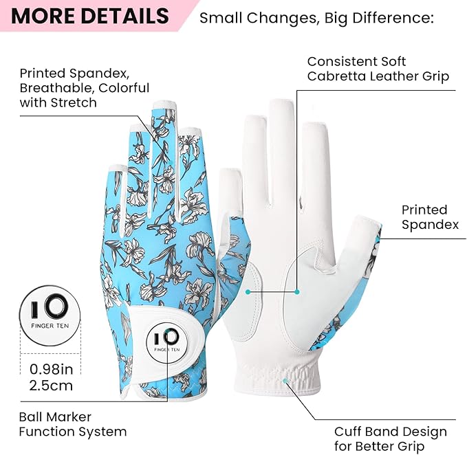 FINGER TEN Stylish Golf Gloves Women with Ball Marker 1 Pack for Left or Right Hand, Breathable Glove with Fashion Patterns for Ladies Right Left Handed Golfer