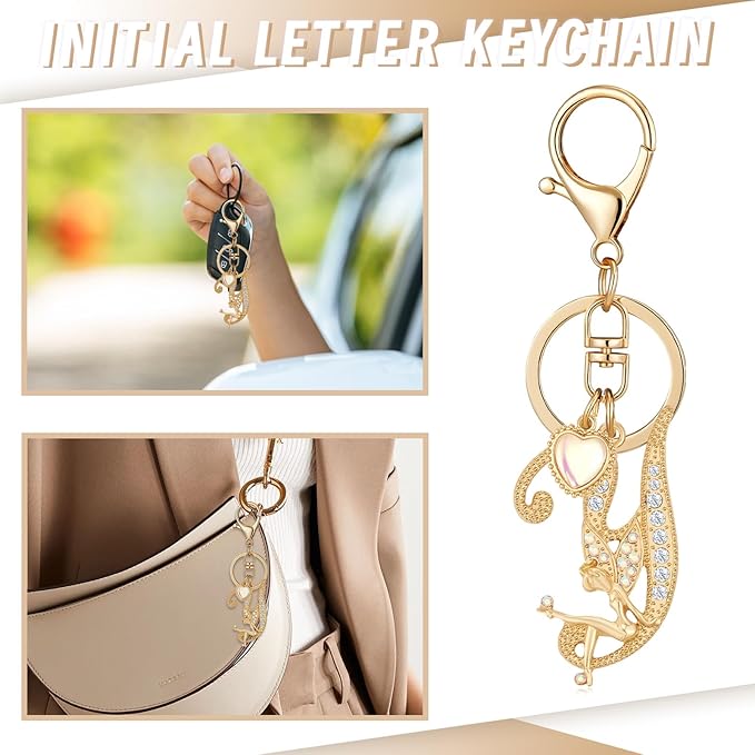 Gold Plated Alphabet Initial Letter Keyring Keychain for Women Girls Crystal Key Chains for Wallet Backpack Bag Charm
