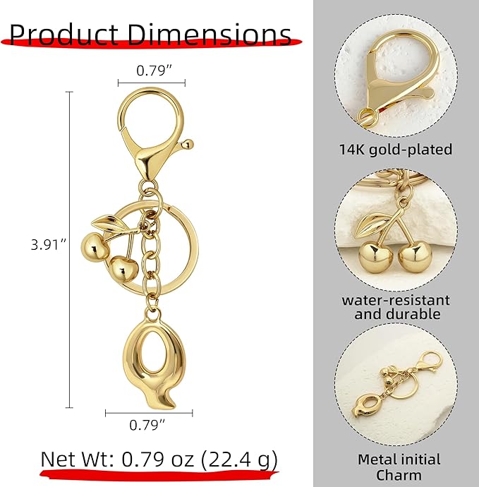 Gold Bubble Heart, Cherry, Bow & More Designs Letter Initial Keychain Bag Charms – Cute Purse Charms for Handbags
