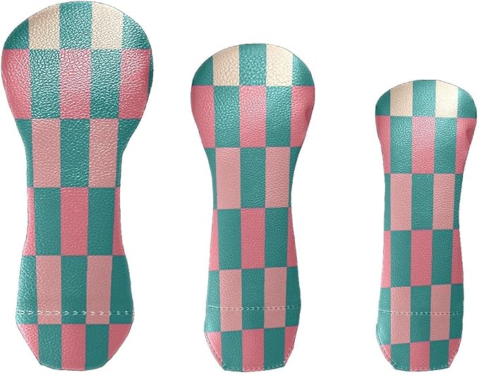 Golf Club Head Covers for Driver Hybrid and Fairway Woods, Waterproof Leather Headcovers for Golf Clubs, Ideal Golf Accessories Gift for Men Women (Pink and Teal Checkered)