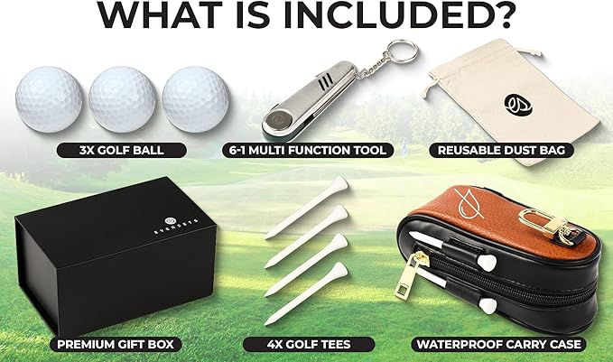 Christmas Golf Gift for Men and Women - Luxury Golf Accessories Set, Vegan Leather Case, 12 Golf Balls, Tees, Divot Tool Knife & Bag with Hook - Perfect Stocking Stuffer
