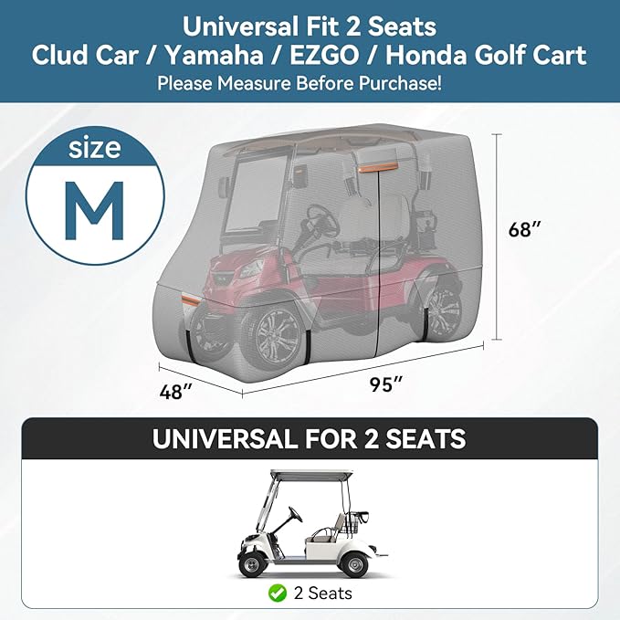 Tuszom 100% Waterproof 1200D Solution-Dyed Golf Cart Cover Universal Fit Yamaha,Honda,Club Car,EZGO and Most Brand Golf Cart for 2/2+2/4/4+2/6 Seats with Zipper Door,Storage Bag