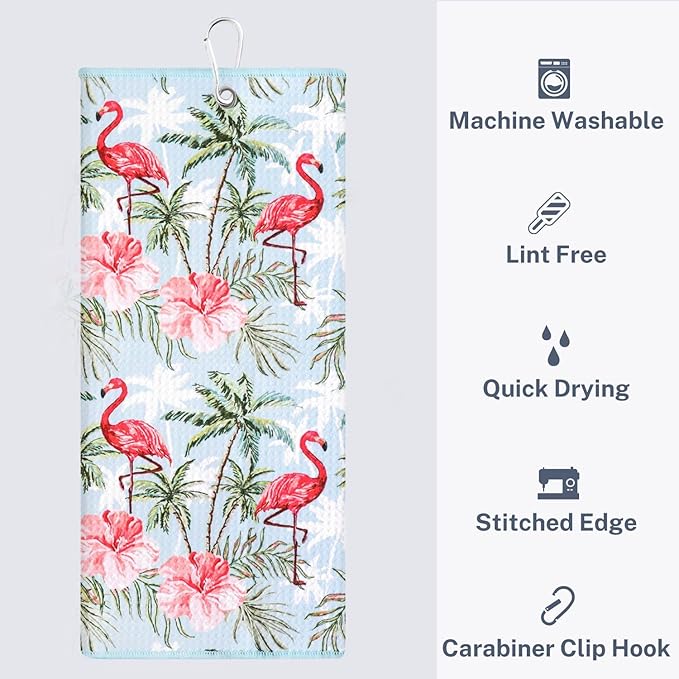 Microfiber Golf Towels for Golf Bags & Carts - Premium Weave Waffle & Ball Towels with Carabiner Clip, Essential Accessories for Men, Women, and Kids, Golfer Gifts, Set of 2 (Flamingo Paradise)