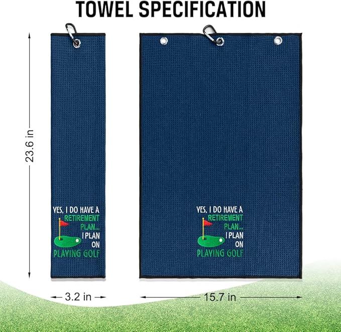 ERHACHAIJIA Yes I'd Have A Retirement Plan Embroidered Golf Towel with Clip. Funny Golf Accessories Gifts for Men Women Golfer Grandma Grandpa Mom Dad, Retirement (Navy)