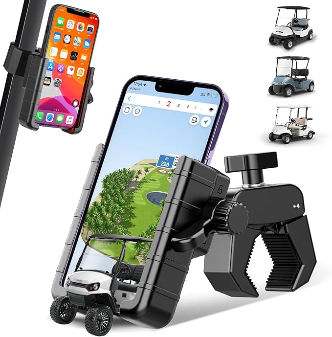 Upgraded Golf Cart Phone Mount Holder Compatible with EZGO/Club Car, 360° Rotatable One-Handed Pick & Place Universal Compatible with iPhone Galaxy Google Pixel, Golf Cart Accessories