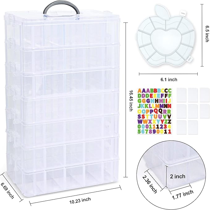 7 Layers Stackable Storage Container, 70 Adjustable Compartments (White) Perfect for Kids Toys, Art Crafts, Jewelry, Supplies, Mini Case & Letter Sticker Included