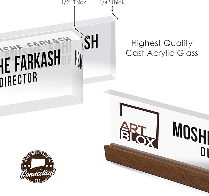 Artblox Personalized Office Desk Name Plate and Business Card Holder | Clear Acrylic Glass with Teak Wood Stand | Business Logo Customized with Your Name and Credentials Office Desk Décor
