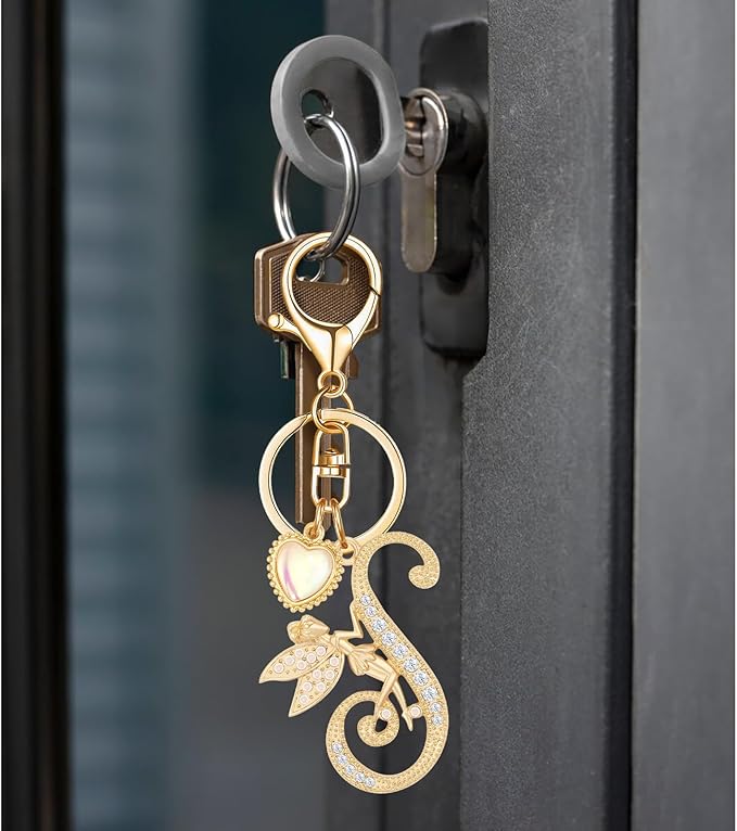Gold Plated Alphabet Initial Letter Keyring Keychain for Women Girls Crystal Key Chains for Wallet Backpack Bag Charm