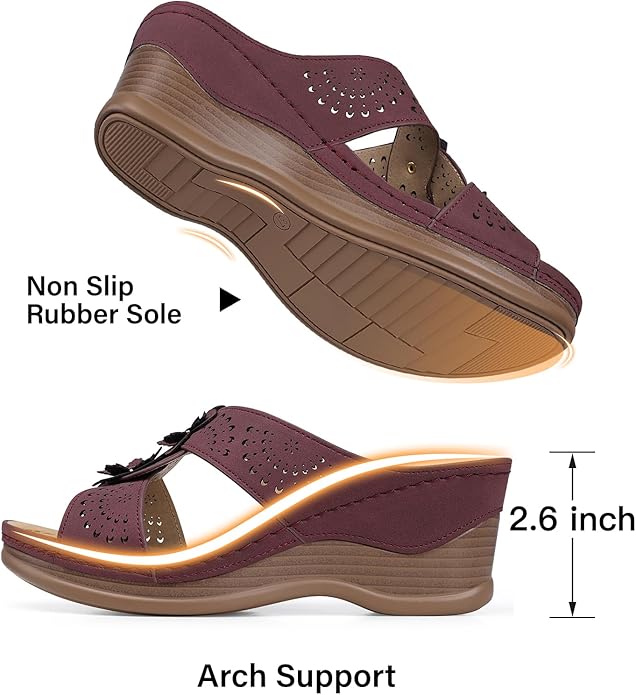 TEMOFON Womens Wedge Sandals Leather: Dressy Sandal, Rubber Sole, Comfortable Walking, Casual Slip on Summer Shoes, Size 5-11