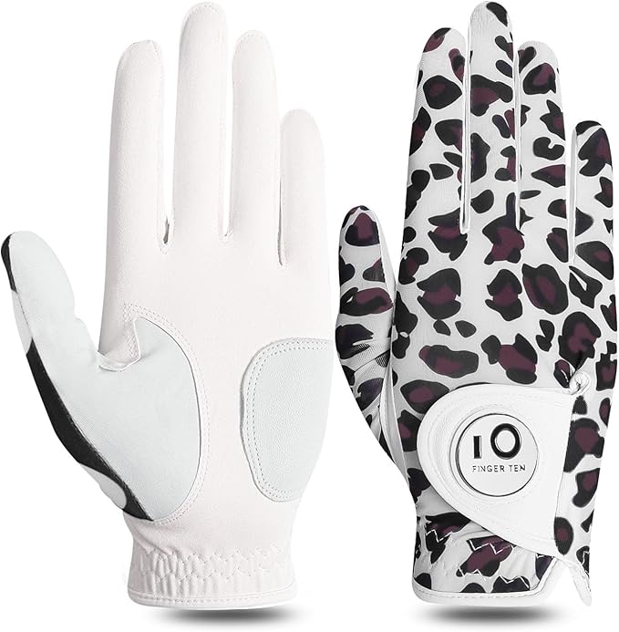 FINGER TEN Stylish Golf Gloves Women with Ball Marker 1 Pack for Left or Right Hand, Breathable Glove with Fashion Patterns for Ladies Right Left Handed Golfer