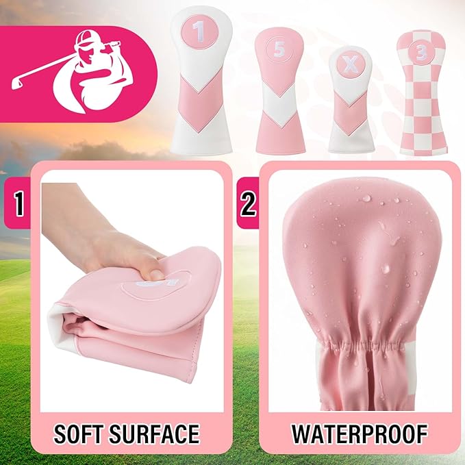 16 Pcs Pink Golf Accessories Kit Include 4 Pcs Golf Club Head Covers, Ball Bag with Hook Pink Towel Magnetic Ball Marker Tees Divot Tool Cleaner Brush for Christmas Women Girls Gifts