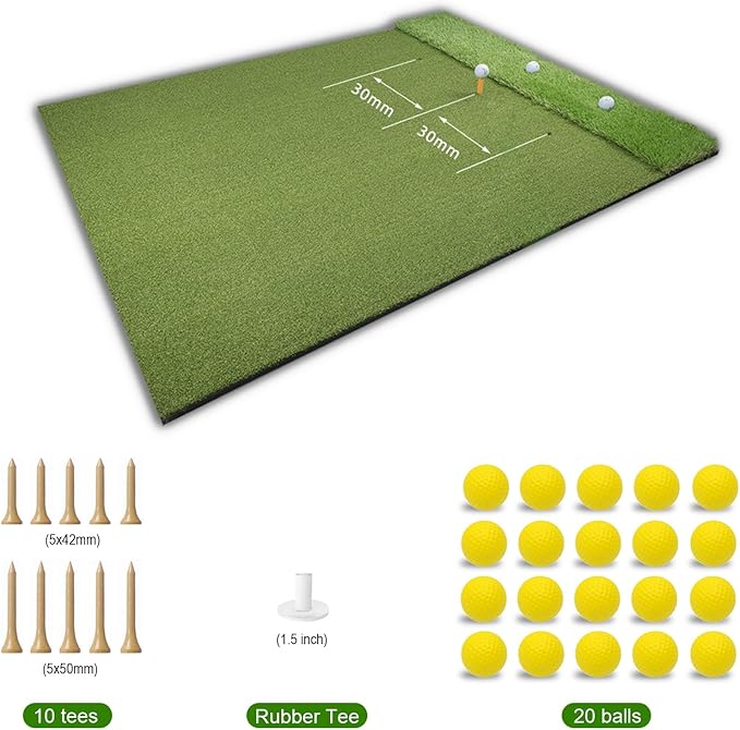 Thickened Golf Mats Practice Outdoor Indoor, 5X4ft 31/36mm Dual-Turf Hitting Mat with 20 Balls for Swing Chipping Driving