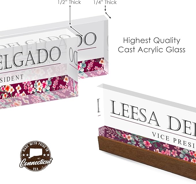 Artblox Personalized Office Desk Name Plate and Business Card Holder | Clear Acrylic Glass with Teak Wood Stand | Wild Flowers Design Customized with Your Name and Credentials Office Desk Décor