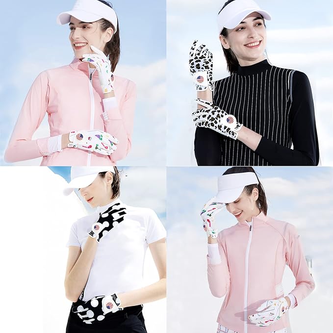 Amy Sport Womens Golf Glove with Ball Marker Rain Left Right Hand Leather Printed Pack, Ladies Golf Gloves All Weather Grip Breathable Soft Size Small Medium Large XL