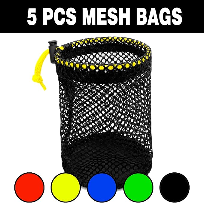 JKL 5 Pack Small Golf Ball Bags, Golf Mesh Bags,Sports Net, Round Storag,little nylon mesh bag,Colorful Drawstring mesh Bags for accessories（Red Yellow Blue Green Black）